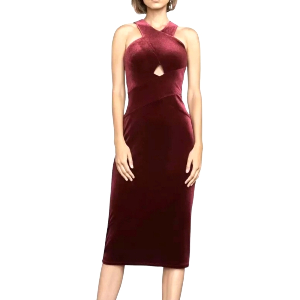 BCBGMaxAzria Burgundy Sleeveless Midi Velvet Dress